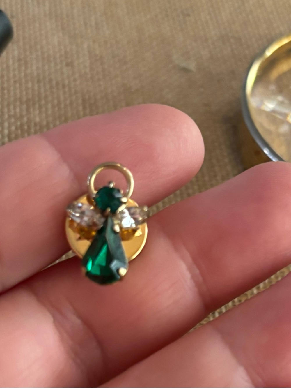 Guardian Gold Angel Lapel Pin Dark Green Crystal Teardrop Clear Rhinestone Wing